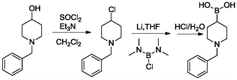 Specific synthesis example of N-benzylpiperidine-4-boronic acid showing reaction conditions and yields