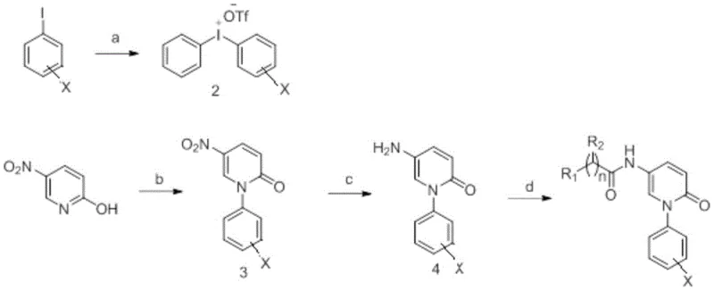 Synthetic route overview showing iodine salt formation, C-N coupling, reduction, and amidation steps
