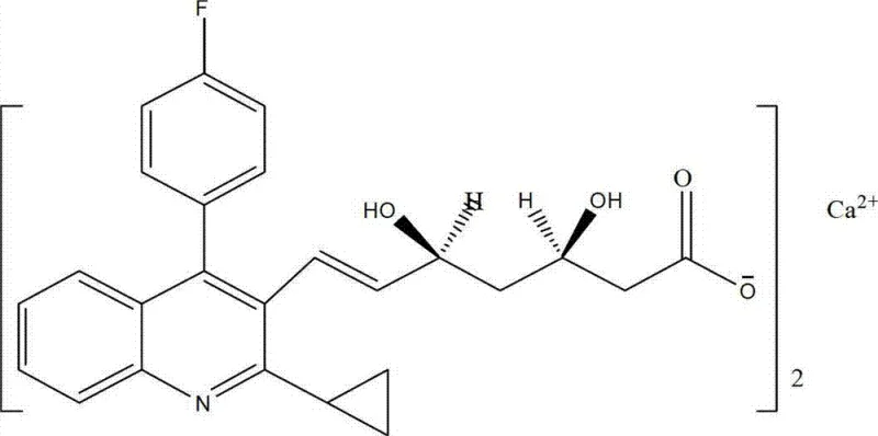 Chemical structure of Pitavastatin Calcium showing the quinoline core and dihydroxy heptenoic acid side chain