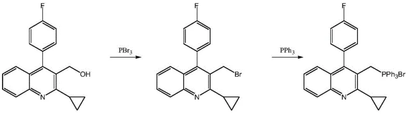 Conventional synthesis route using PBr3 showing bromination and subsequent phosphonium salt formation