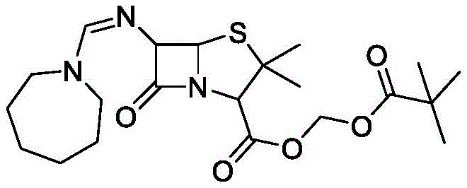 Chemical structure of Pivmecillinam showing the pivoxil ester and amidine side chain modifications on the penicillin core