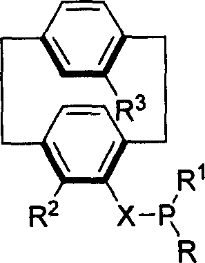 General structural formula of planar chiral cyclophane phosphine compounds showing variable substituents R, R1, R2, R3 and linker X