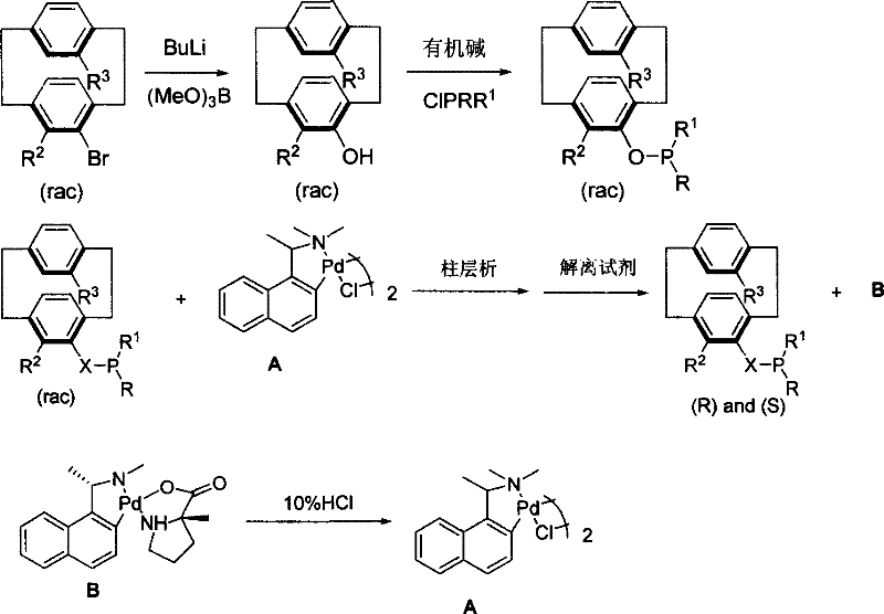 Resolution mechanism showing formation of diastereomers with Cyclopalladium Compound A and recovery of the catalyst