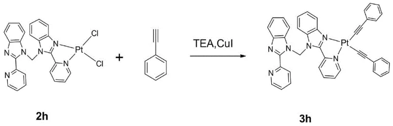Final alkynylation step to produce the orange emitting complex 3h