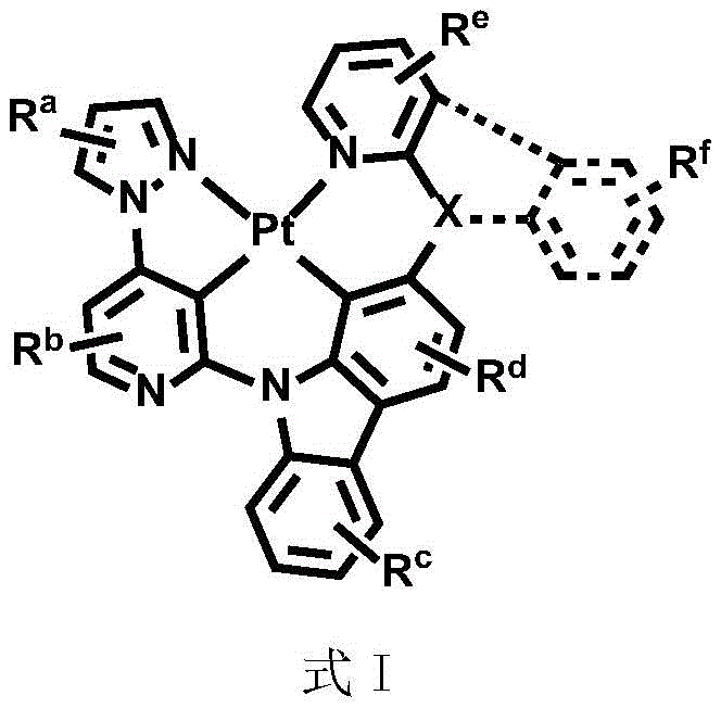 General chemical structure Formula I of the divalent platinum complex with variable substituents