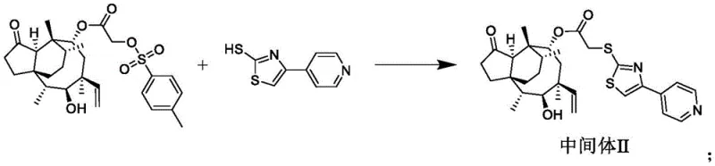 Reaction scheme showing the substitution of Intermediate I with 2-mercapto-4-(4-pyridyl)thiazole to form Intermediate II