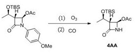 Reaction scheme showing the conversion of PMP-protected azetidinone to 4AA using Ozone and Carbon Monoxide
