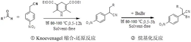 Solvent-free tandem reaction mechanism showing Knoevenagel condensation-reduction followed by alkylation for disubstituted p-nitrophenylacetonitrile synthesis