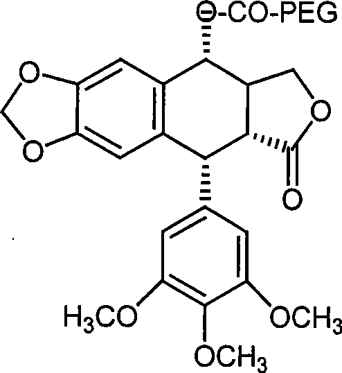 Chemical structure of Podophyllotoxin-PEG derivative showing the ester linkage between the lignan core and the polyethylene glycol chain