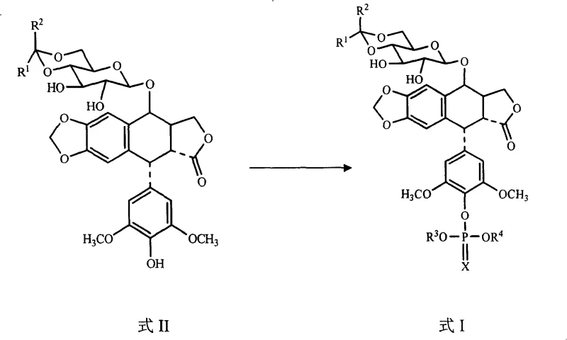 General reaction scheme showing the direct phosphorylation of podophyllotoxin derivatives (Formula II) to phosphate esters (Formula I) using phosphorous acid derivatives