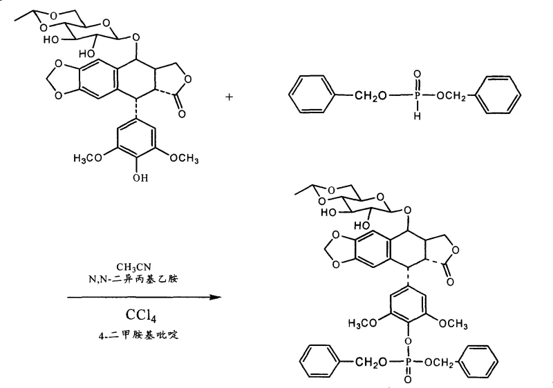 Specific synthesis reaction of Etoposide Dibenzyl Phosphate from Etoposide and Dibenzyl Phosphite