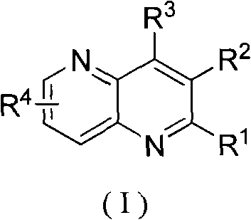 Chemical structure of the target poly-substituted 1,5-naphthyridine compound (I) with variable R groups