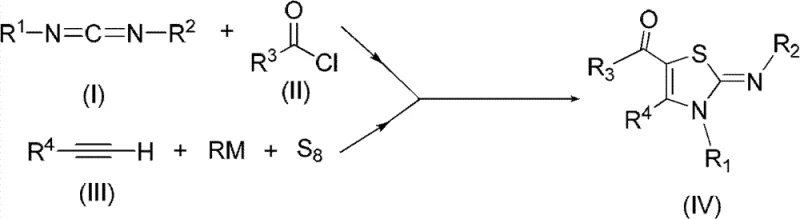 General reaction scheme for synthesizing poly-substituted 5-acyl-2-iminothiazolines using carbodiimides, acid chlorides, alkynes, and sulfur