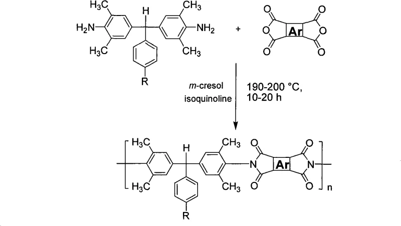 Polymerization reaction scheme showing one-step thermal imidization of diamine and dianhydride