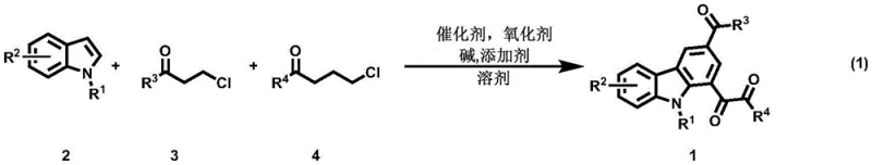 General reaction scheme showing the synthesis of polycarbonyl carbazole derivatives from indole and chloroketone precursors via a domino reaction