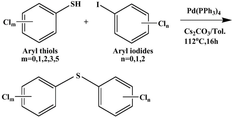 General reaction scheme for Pd-catalyzed synthesis of polychlorinated diphenyl sulfides using aryl thiols and aryl iodides