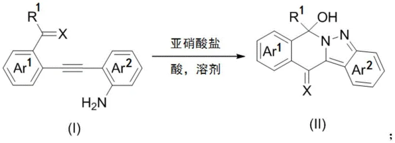 General reaction scheme showing the conversion of diarylalkyne compound (I) to polycyclic 2-hydropyrazole compound (II) using nitrite and acid