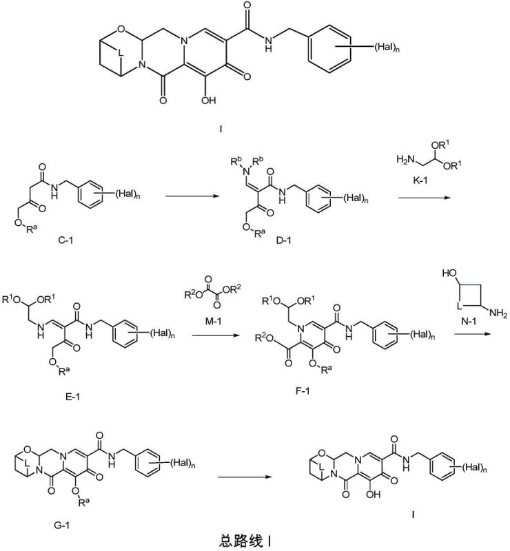General Synthetic Route I for Polycyclic Carbamoyl Pyridone Compounds showing key intermediates C-1 to G-1