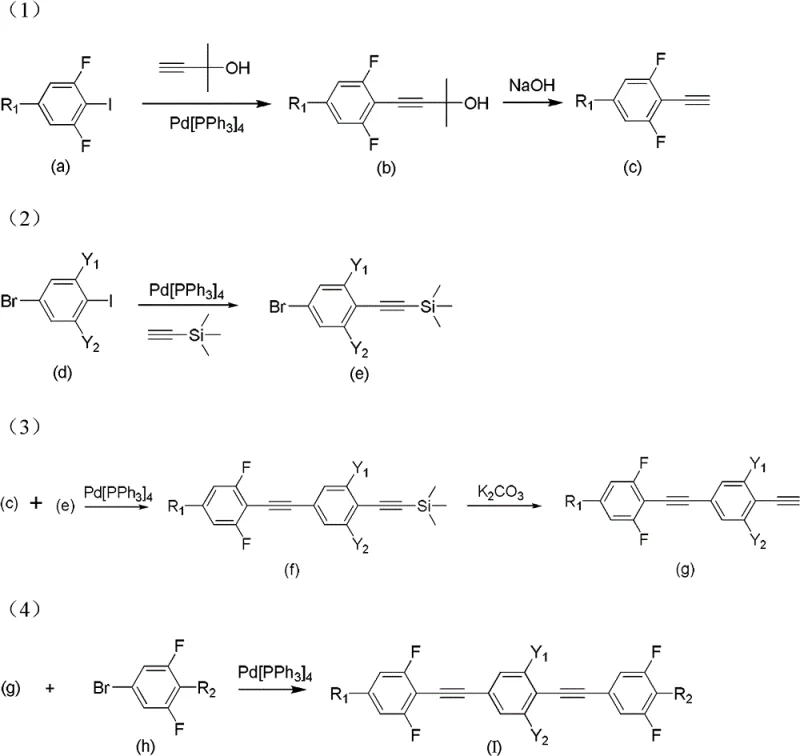 Comprehensive four-step reaction flow scheme for synthesizing polyfluorinated bis(phenylethynyl)benzene derivatives