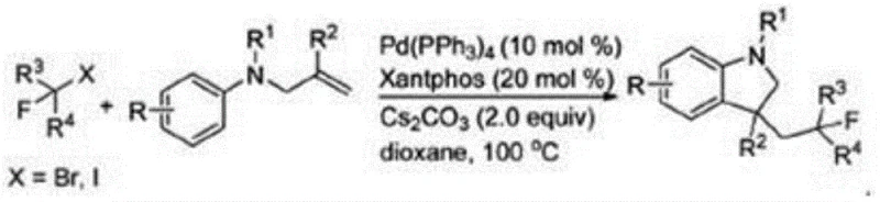 Prior art palladium-catalyzed synthesis of polyfluoroalkyl indolines showing expensive reagents