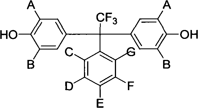 General structural formula of polyfluorophenyl substituted aromatic diphenol showing variable substituents A-G