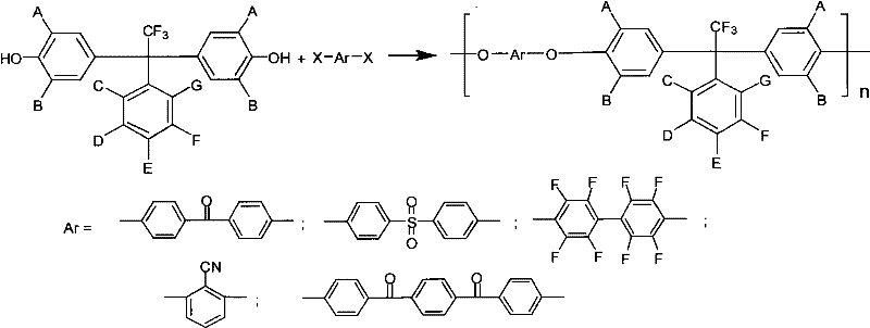 Polymerization reaction scheme showing diphenol reacting with dihalogen monomers to form polyarylether polymer