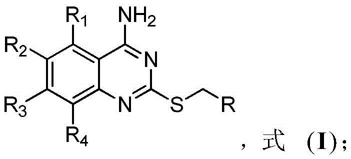 General chemical structure of polyhalogenated 2-alkylthio-4-aminoquinazoline compounds showing variable R groups for SAR exploration