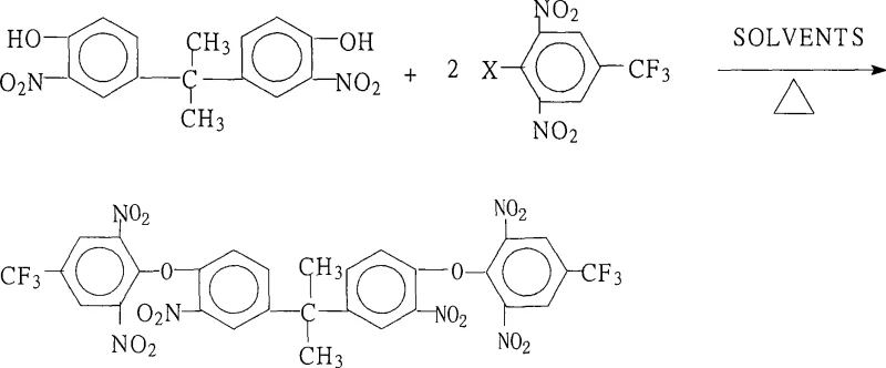 Reaction scheme for the synthesis of 2,2-bis[3-nitro-4-(2,6-dinitro-4-trifluoromethylphenoxy)phenyl]propane via nucleophilic substitution
