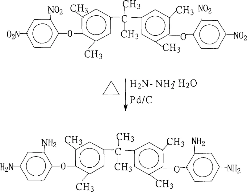 Reaction scheme showing the reduction of dinitro precursor to diamine monomer using Pd/C and hydrazine hydrate