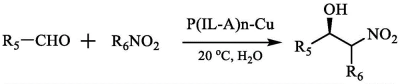 Asymmetric Henry reaction scheme catalyzed by P(IL-A)n-Cu in water showing aldehyde and nitroalkane substrates converting to chiral beta-nitroalcohol