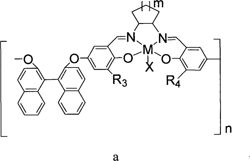 Chemical structure of polymeric chiral catalyst type a featuring binaphthol backbone and metal center