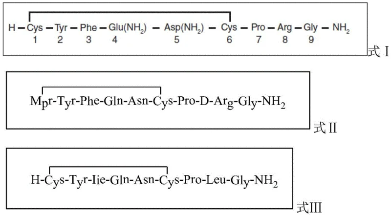 Chemical structures of Arginine Vasopressin (Formula I), Desmopressin (Formula II), and Oxytocin (Formula III) synthesized via the novel method