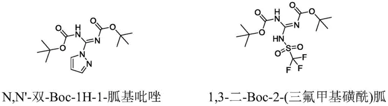 Chemical structures of conventional guanylating agents showing pyrazole and triflyl groups