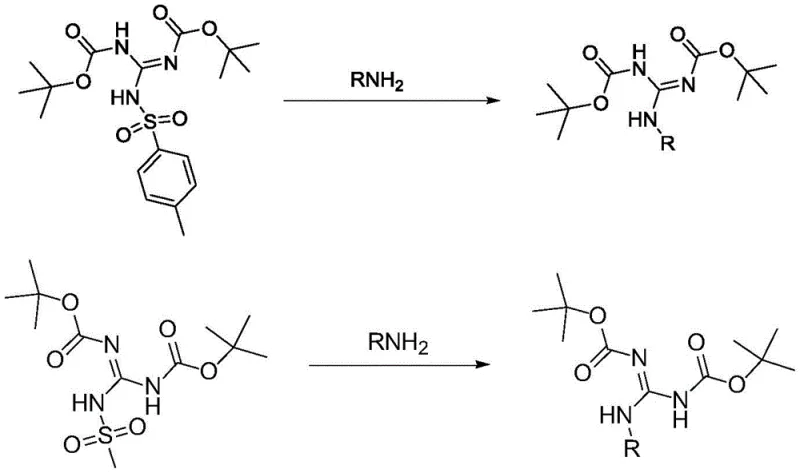 Reaction mechanism showing nucleophilic attack of primary amine on the activated guanidine intermediate