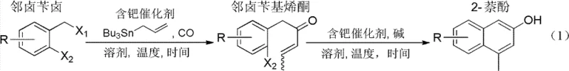 General reaction scheme for preparing polysubstituted 2-naphthol via carbonylation and Heck cyclization