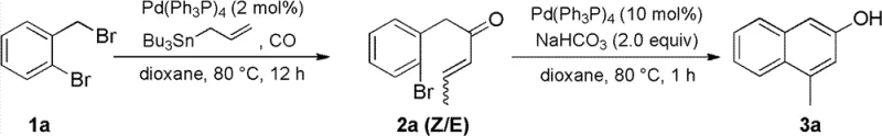 Specific synthetic route for 2-naphthol derivative 3a from dibromobenzene precursor