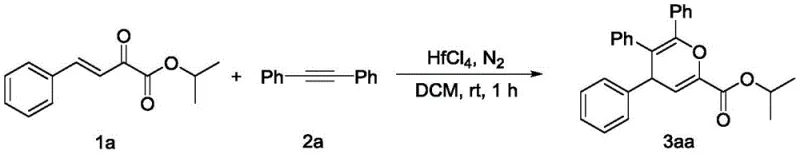 Specific example reaction of compound 1a and 2a to form 3aa using HfCl4 catalyst