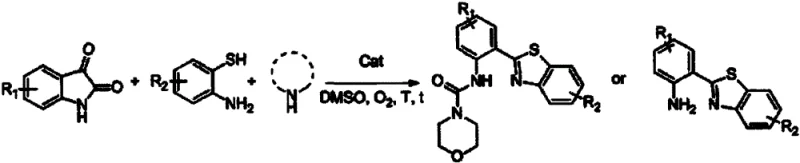 Overall reaction scheme for the synthesis of polysubstituted benzothiazoles using Cu catalyst and Oxygen