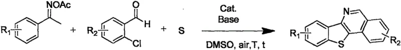 General reaction equation showing the conversion of ketoxime esters and o-chlorobenzaldehydes to benzothienoisoquinoline using Cu catalyst and Sulfur