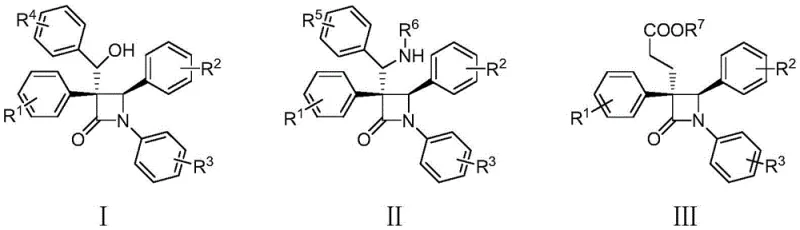 General chemical structures of polysubstituted beta-lactam compounds I, II, and III