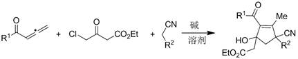 General reaction scheme for the synthesis of polysubstituted 2-cyclopentenyl ethyl acetate compounds using ethyl 4-chloroacetoacetate, malononitrile, and substituted 1,2-allenones