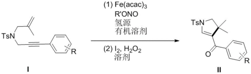 General reaction scheme showing the conversion of N-2-methylallyl-N-3-arylpropargyl p-toluenesulfonamide to polysubstituted dihydropyrrole using Iron catalysis