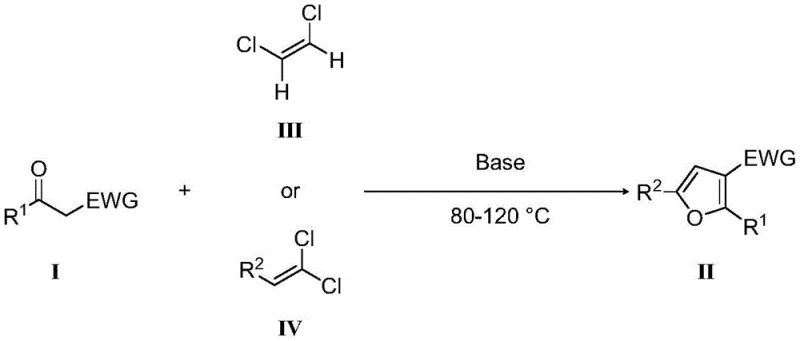 General reaction scheme showing the base-mediated cyclization of carbonyl compounds and dichloroalkenes to form polysubstituted furans