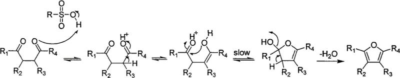 Reaction mechanism showing protonation, enolization, intramolecular nucleophilic attack, and dehydration to form polysubstituted furan