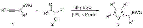 General reaction scheme showing BF3-catalyzed cycloaddition of alkynamides and alpha-hydroxy ketones to form polysubstituted furans