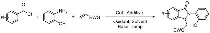 General reaction scheme for rhodium-catalyzed synthesis of polysubstituted isoindolinone derivatives showing aroyl chloride, o-aminophenol, and EWG olefin inputs with catalyst system parameters