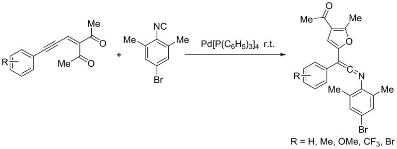 General reaction scheme of Pd-catalyzed synthesis of polysubstituted ketene imines from enynone and isonitrile