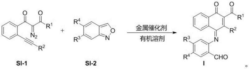 Reaction scheme showing gold-catalyzed synthesis of naphthoquinone derivatives from diazo and benzisoxazole precursors