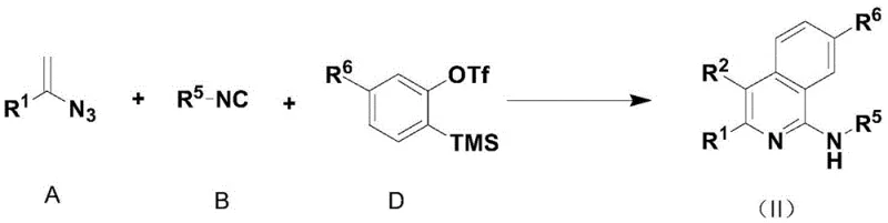 Reaction scheme for synthesizing aminoisoquinoline compounds Formula II from alkenyl azide isonitrile and benzyne precursor