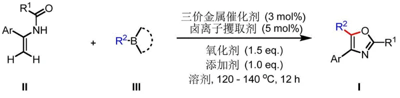 General reaction scheme for the synthesis of polysubstituted oxazoles via trivalent metal catalysis